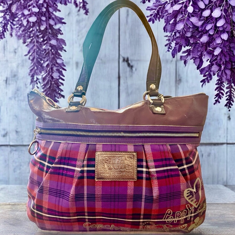 Coach Tartan Plaid Glam Tot Pink & Purple Poppy & 5 Hang Tags - see tags. - Picture 1 of 16